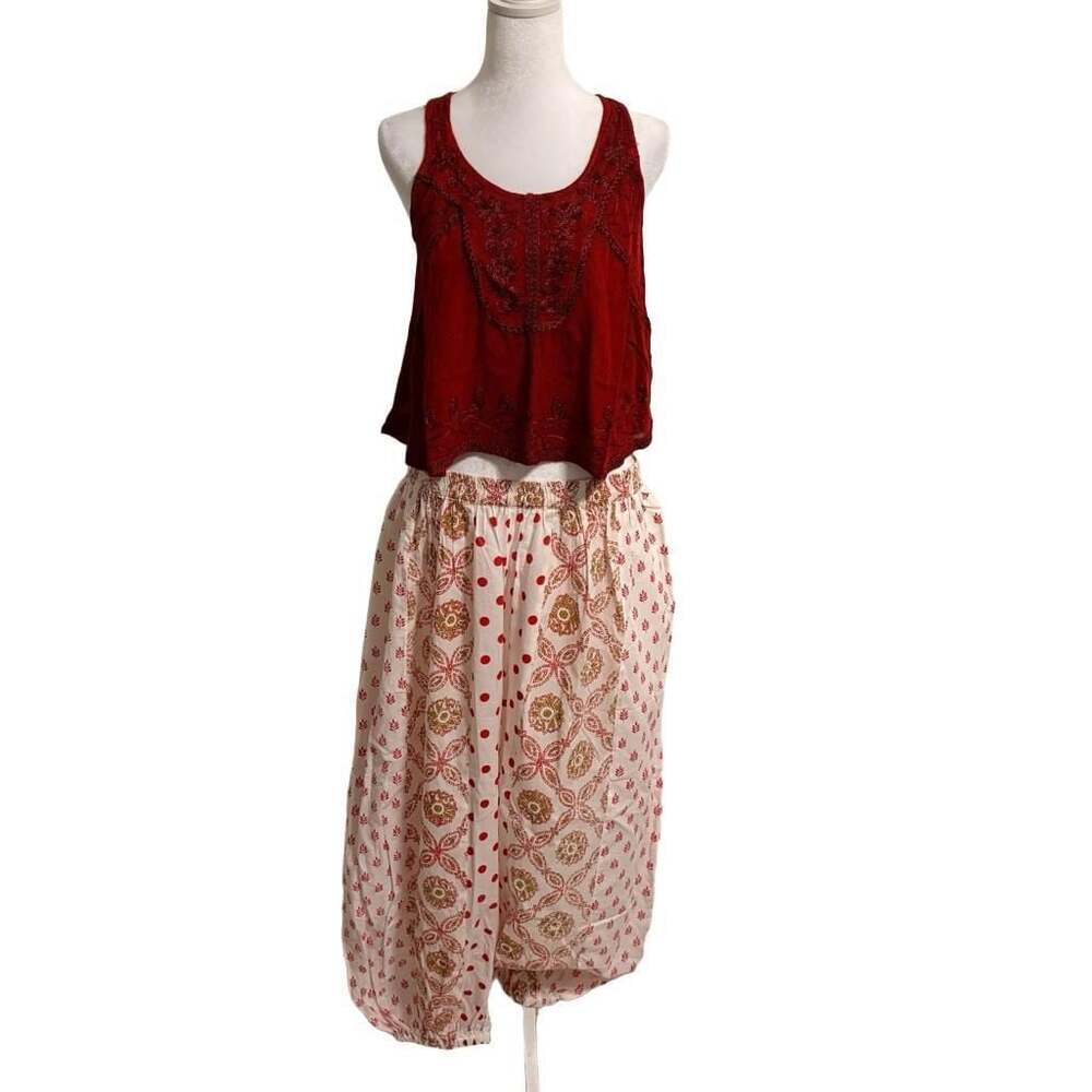 Rhea Made in India 2 Pc Set Medium Red Embroidered Top Harem Pants Cotton